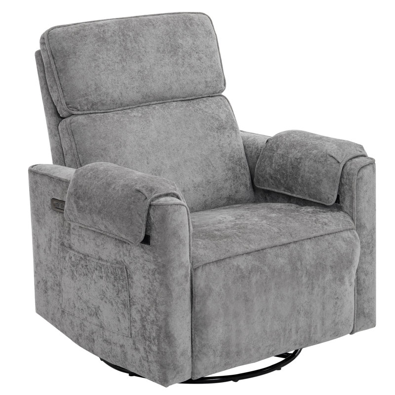 Oversized Power Recliner Chair, 26" Extra Wide Swivel Rocker Recliner with Adjustable Headrest, Chenille Glider Rocking Nursery Chair with Overstuffed Armrest, USB Ports，Grey