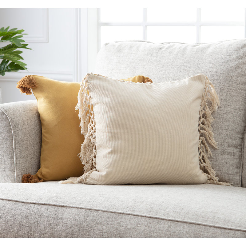 Natural Cotton Creme Golden Euro Throw Pillow Covers with Fringe