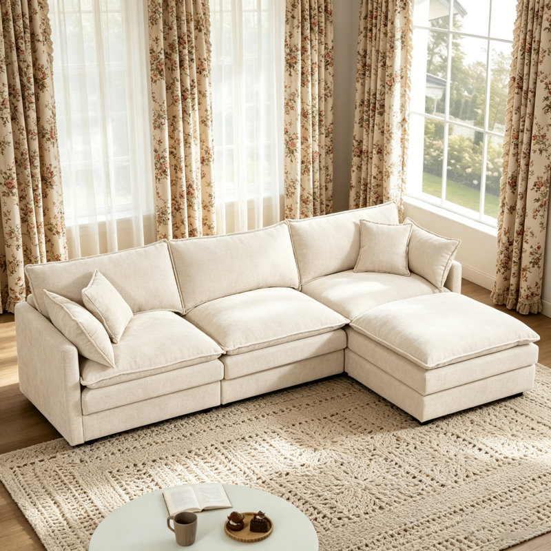 3-Seater Comfy Cloud Couches With Movable Ottoman,Sofa Chaise, Beige