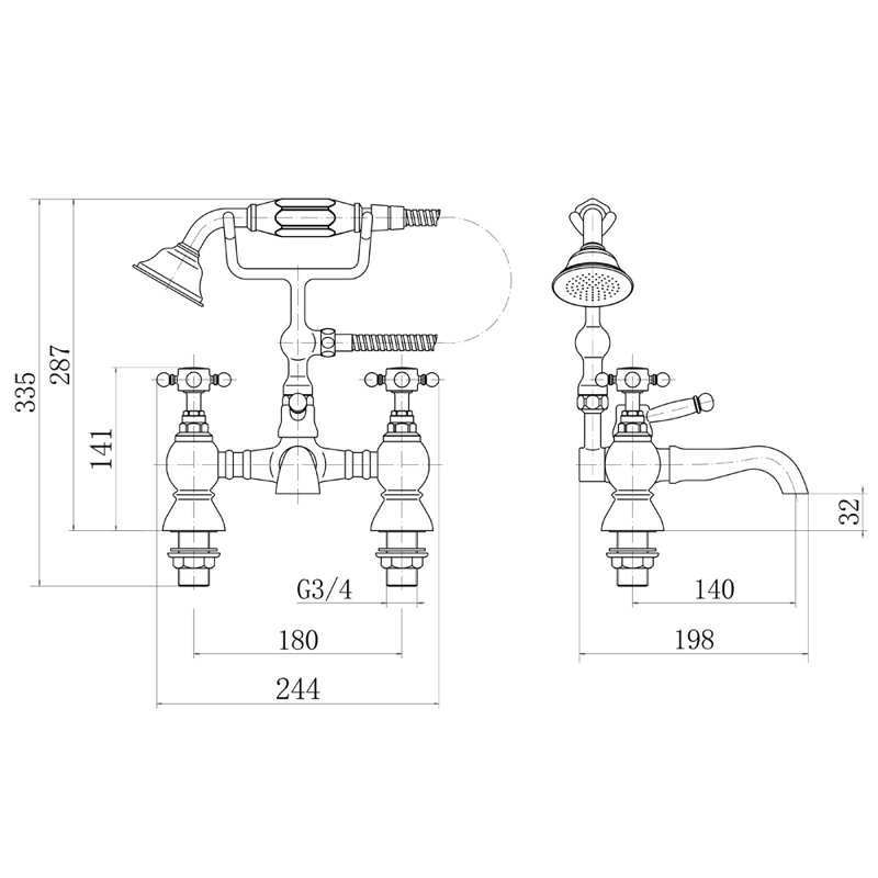Labarge 2 Handle Deck Bath Shower Mixer Bath Filler with Diverter