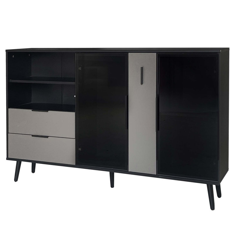 Armoire de rangement à deux portes avec deux tiroirs et poignées en métal, Noir/gris