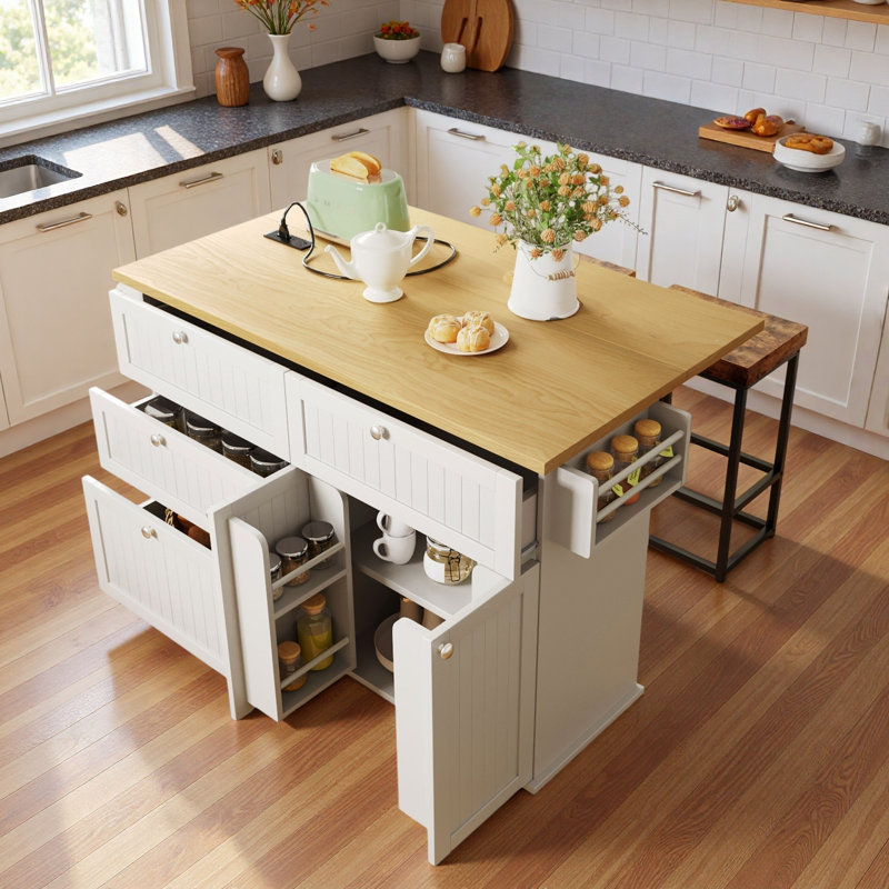 Farmhouse Kitchen Island With Drop Leaf, Storage Cabinet, Drawers, Door Shelves, Power Outlet And 2 Dining Stools