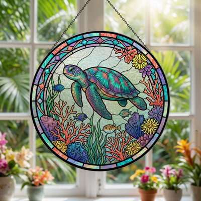 Sea Turtle Stained Glass Window Panel，12"H