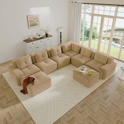 Canapé modulaire modulaire pour le salon, canapé d'angle 6 places, grand canapé confortable en forme de V en velours côtelé avec 2 repose-pieds mobiles, passepoil perlé, conception capitonnée, sans assemblage, conception antidérapante, chameau