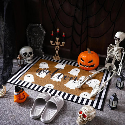 2 Pcs Fall Doormat Hello Pumpkin Non Slip Outdoor Mat Halloween Christmas Floor Mats Welcome Ghost Coir Doormats Stripe Front Porch Rugs For Indoor Layering Entryway Decor(Ghost)