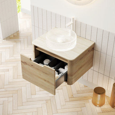 Meuble-lavabo de salle de bain avec lavabo rond en verre transparent, armoire de rangement flottante en contreplaqué avec tiroir