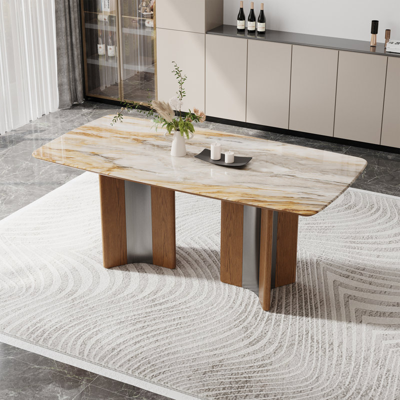 7-piece Dining Table Set With Faux Marble Tabletop, Premium Wood & Stainless Steel Base, 6 Upholstered Linen Fabric Dining Chairs With Solid Wood Legs