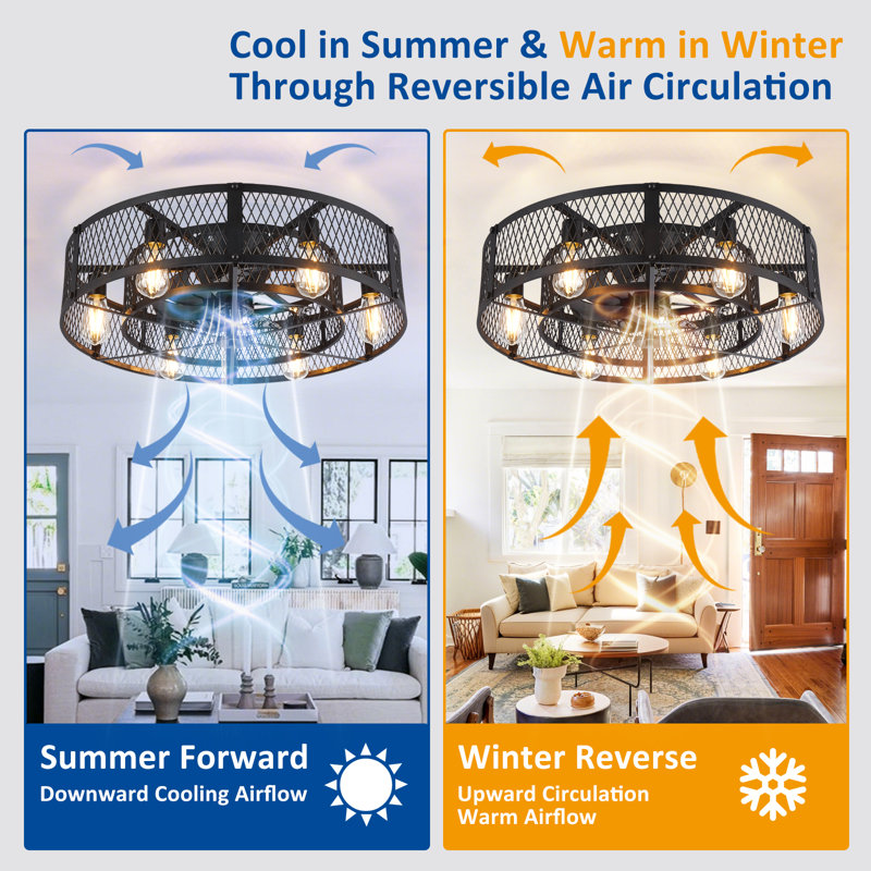 Ventilateur de plafond en cage 26 pouces avec lumière, télécommande et contrôle des applications moteur à courant continu noir