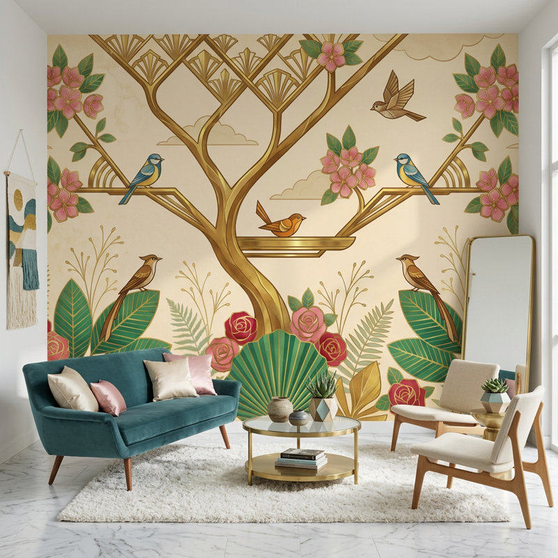 Décoration murale art déco art floral oiseaux amovibles, 160 po x 108 po, Texturé non collé