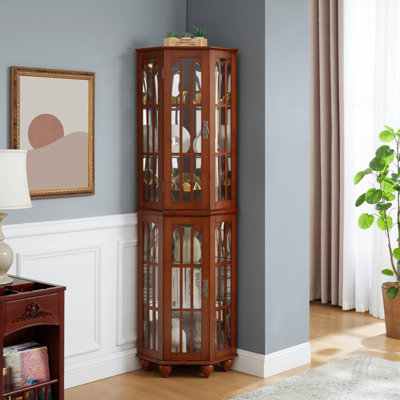 Corner Curio Cabinet With 4 Adjustable Tempered Glass Shelves And Lighting System, Solid Wood Legs,Acrylic Mirrored Back Panel by Alcott Hill