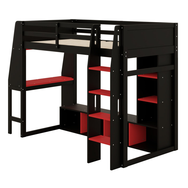 Lit mezzanine en bois avec bureau, étagères à rangement multiples, DEL et portemanteau suspendu, Lit simple