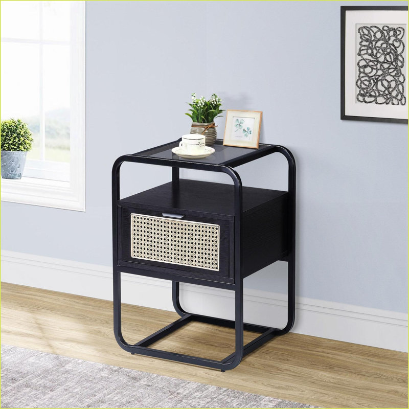Table basse noire en verre trempé avec tiroir en rotin, facile à nettoyer et amp; Gain de place pour le salon