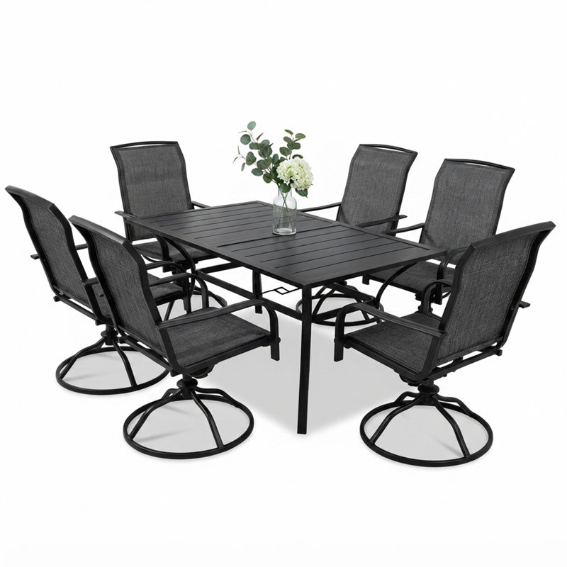 Ensemble de 7 chaises de patio en métal avec chaises pivotantes et table rectangulaire