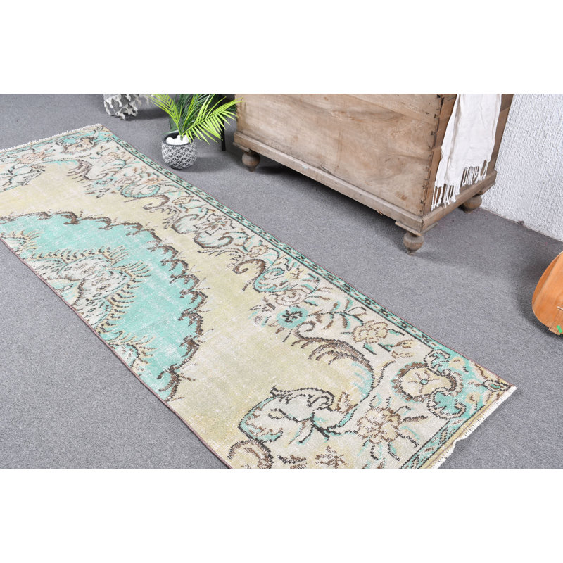 Tapis de couloir turc vintage tissé à la main en vert avec motif floral Boho - Jaune / vert