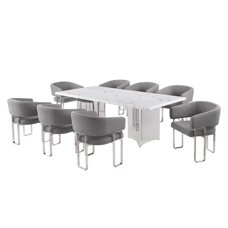 Ensemble de salle à manger Grand White, 87 po L x 42 po l (9 pièces), Gris foncé, Argent argent