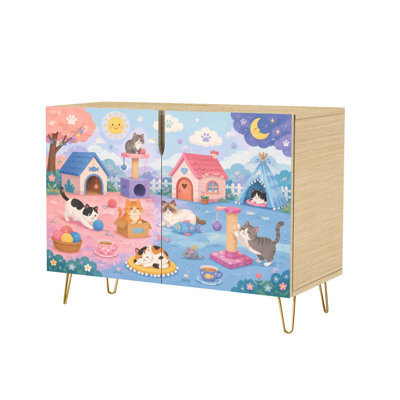 Modern Colorful Cat Playground Cozy Houses Toys Whimsical Sideboard Buffet Cabinet with 2 Concealed Storage Doors Accent Console Cabinet Space-Saving Freestanding Storage Furniture for Living Room Kitchen Entryway and Coffee Bar