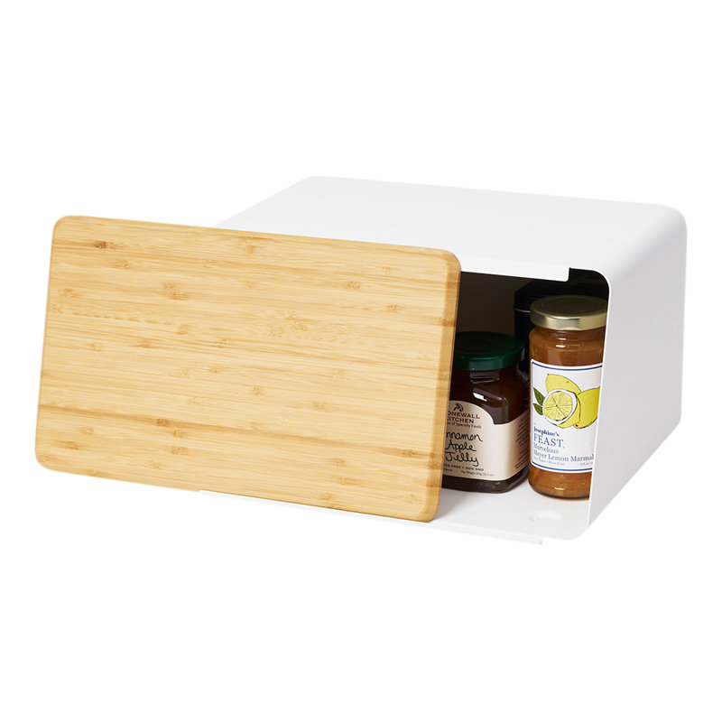 White Steel Bread Box with Bamboo Cutting Board Lid