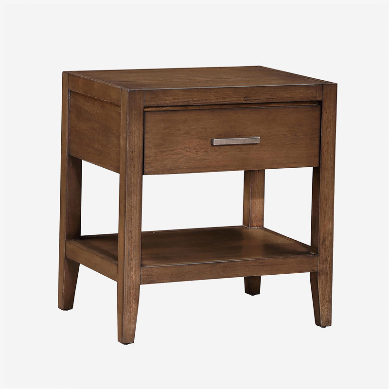 Mobilier de chambre à coucher transitionnel - 1 table de chevet, avec tiroirs et tablettes ouvertes, aspect brun clair