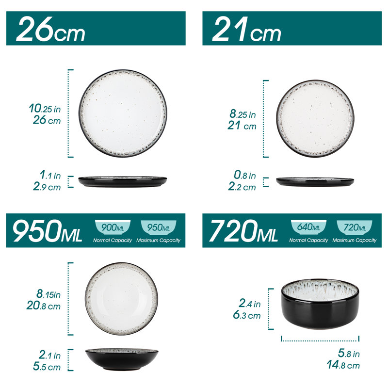 32 Piece Stoneware Dinnerware Set - Service for 8, White/Black