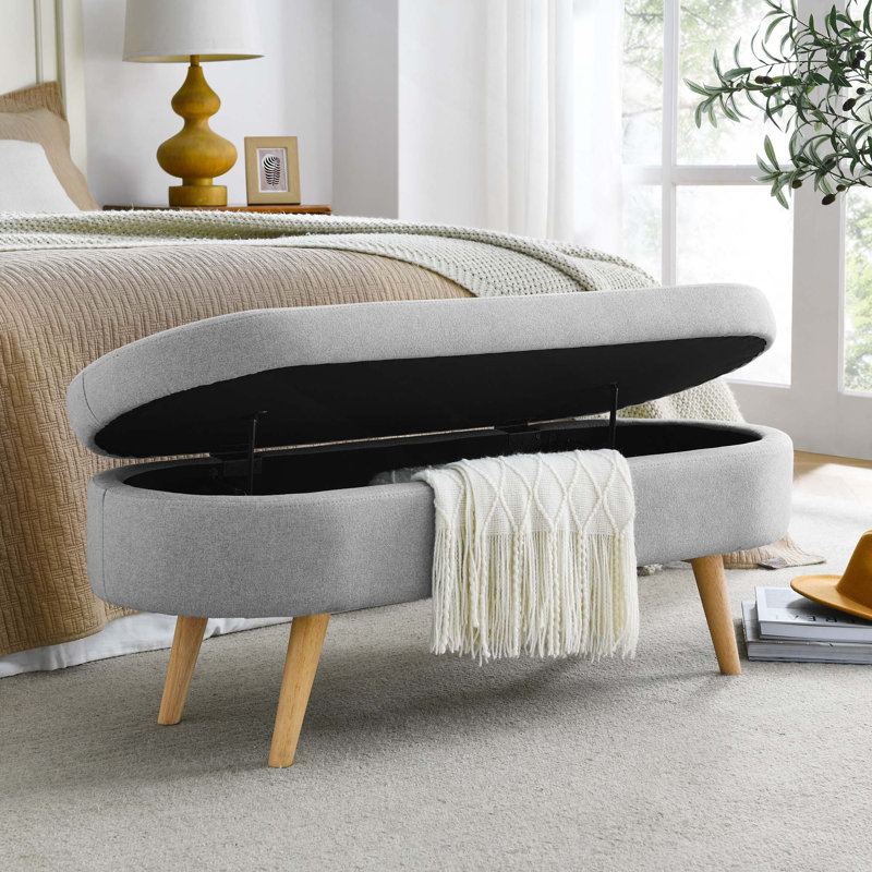 Ottoman Oval Storage Bench With Rubber Wood Legs For Footstool Seat And Storage Function, Gray, Natural