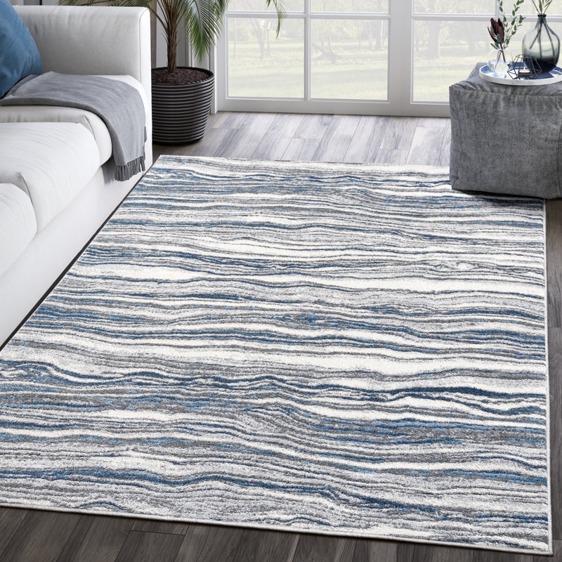 Rectangular Blue and Gray Abstract Synthetic Area Rug