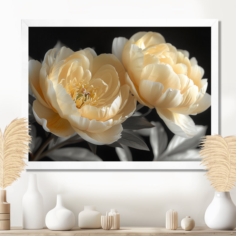 Saltz - pivoines, art mural, Cadre blanc, H 34 po x l 44 po
