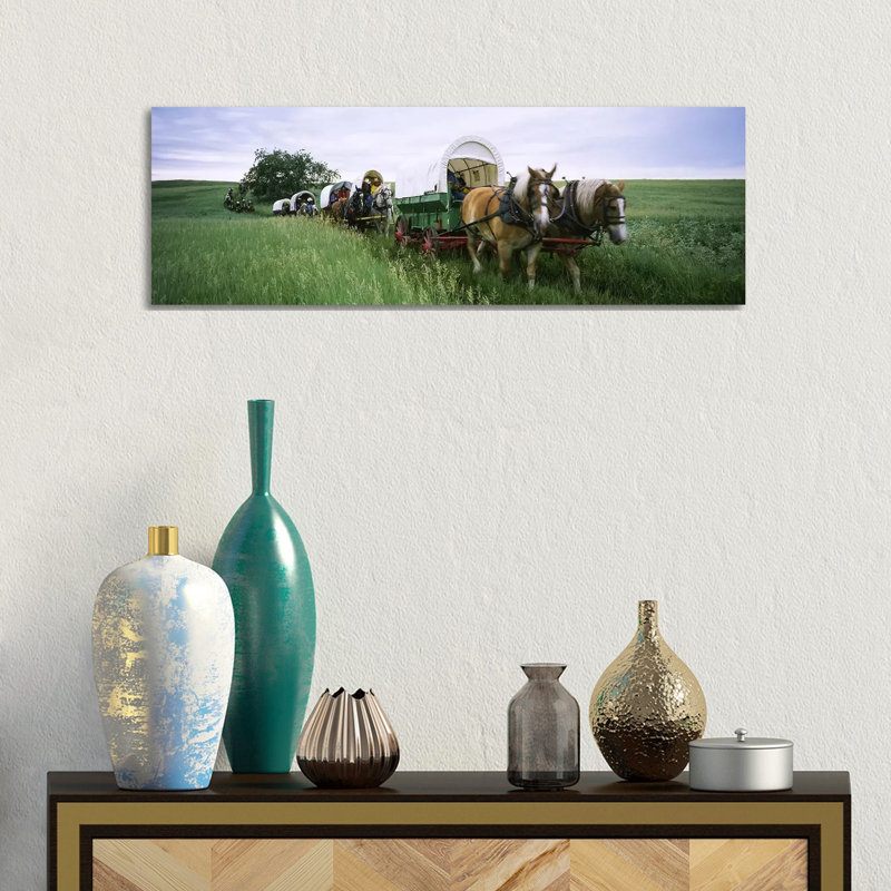 Historical Reenactment, Covered Wagons In A Field, North Dakota, USA - Wrapped Canvas Panoramic Print