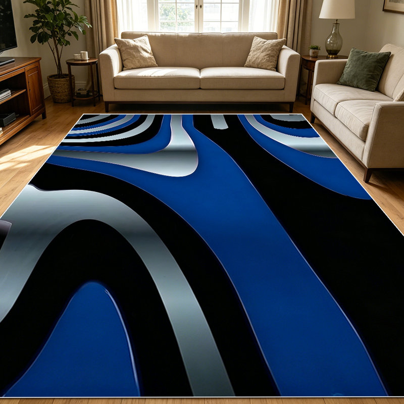 1PC Modern Abstract Wavy Blue Black Silver Geometric Art Area rugs for Living Room, Soft and Comfortable, Suitable for all seasons, easy-to-maintain, machine washable Indoor floor mat, Under Table Farmhouse suitable for dining area, bedroom, home