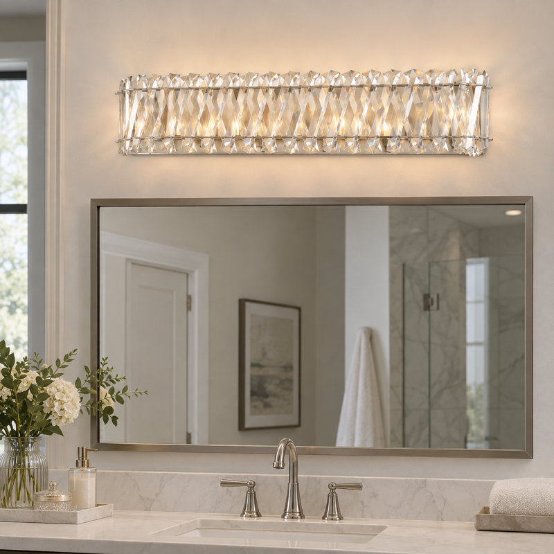 Applique murale de salle de bain 33 po à 6 lumières en nickel poli avec abat-jour en verre cristal superposé, Nickel