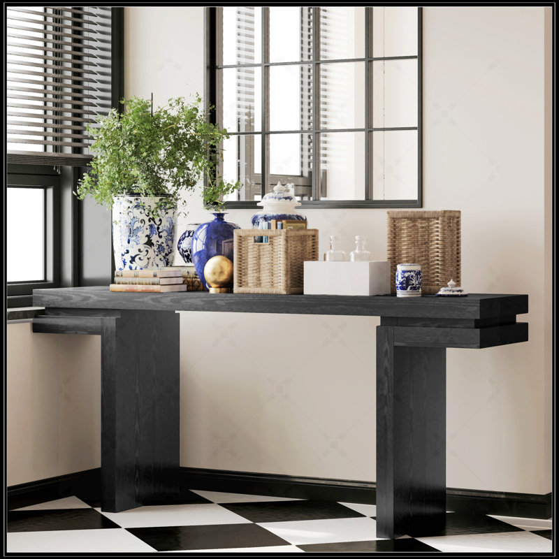 Console très large en placage de bois véritable de 66 pouces, design minimaliste pour entrée, couloir, salon et bureau personnel en noir