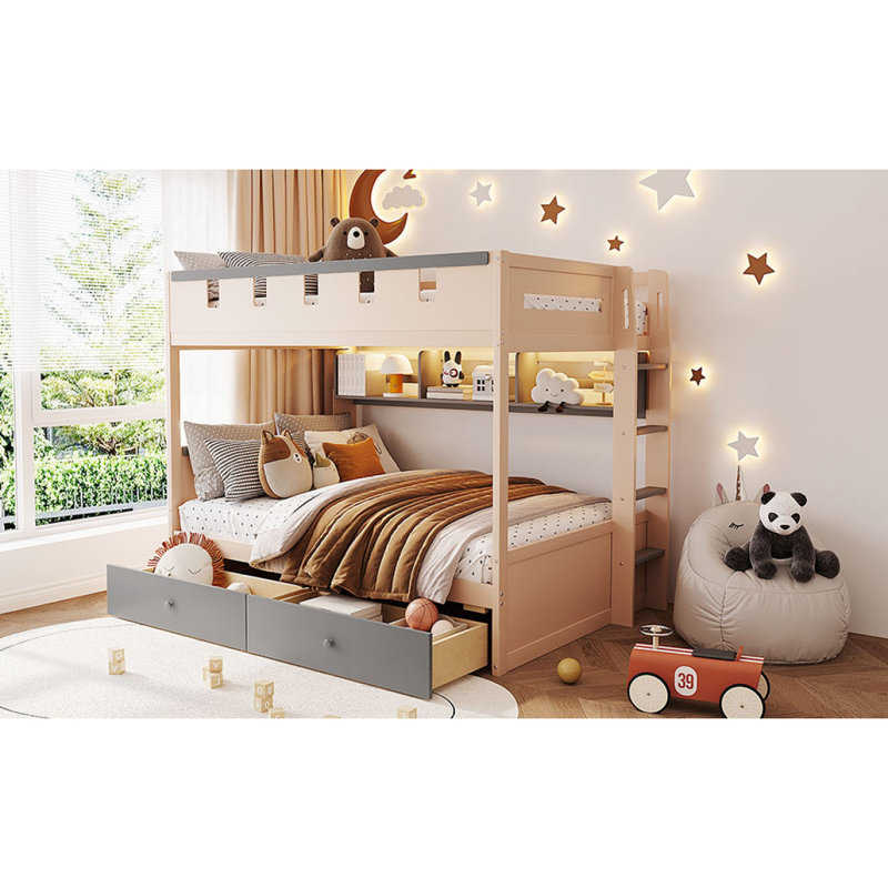 Full Size Castle Style Bunk Bed with 2 Drawers,Shelf,and LED,Gray