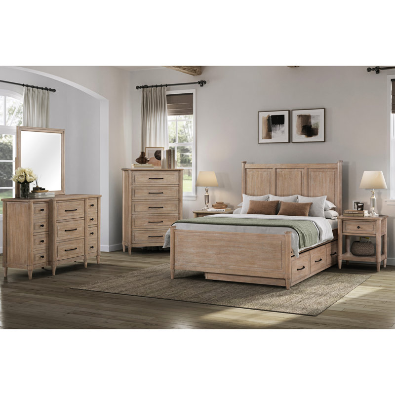 Table de chevet en placage avec finition sable, charge pour tablettes, tiroir et tablette ouverte, 26 po de hauteur sur le dos, utilisation dans la chambre à coucher, hauteur