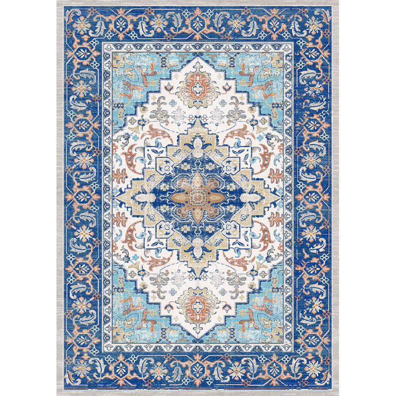 8'x10' Washable Area Rugs Vintage Faux-Wool Boho Carpet for Living Room ,Floral Blue, Rectangle 8' x 10'