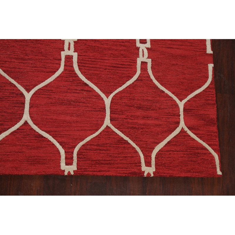 Tapis rouge en laine touffeté à la main à motif géométrique, Rectangle 5 pi x 8 pi