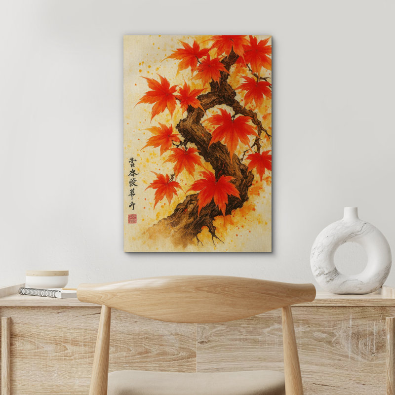 Oriental oriental, feuilles d'érable rouges, reproduction d'art sur toile encadrée, H 36 po x l 24 po x P 1,5 po