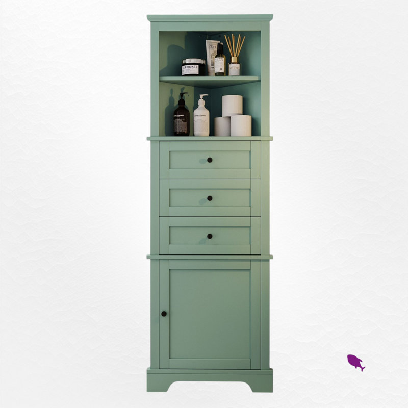 Armoire de salle de bain autoportante Anegada, armoire de rangement haute avec 3 tiroirs et tablettes réglables, Vert
