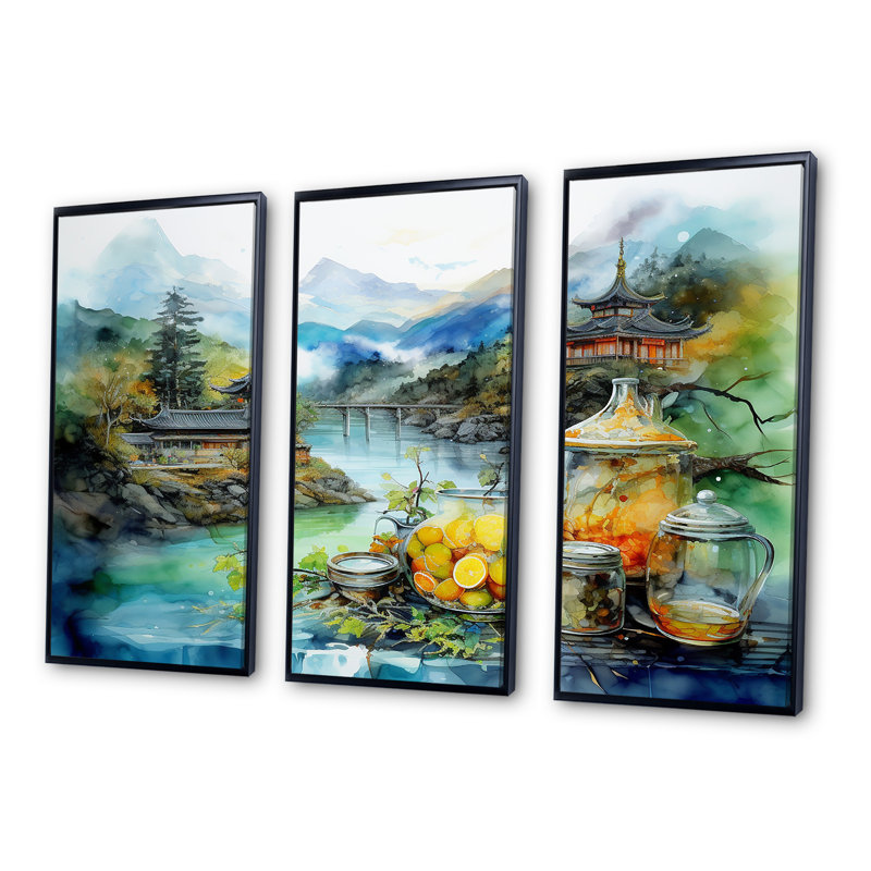 Ensemble d'art japonais sur toile, Japon, H 28 po x l 36 po x P 1 po, Cadre flottant noir