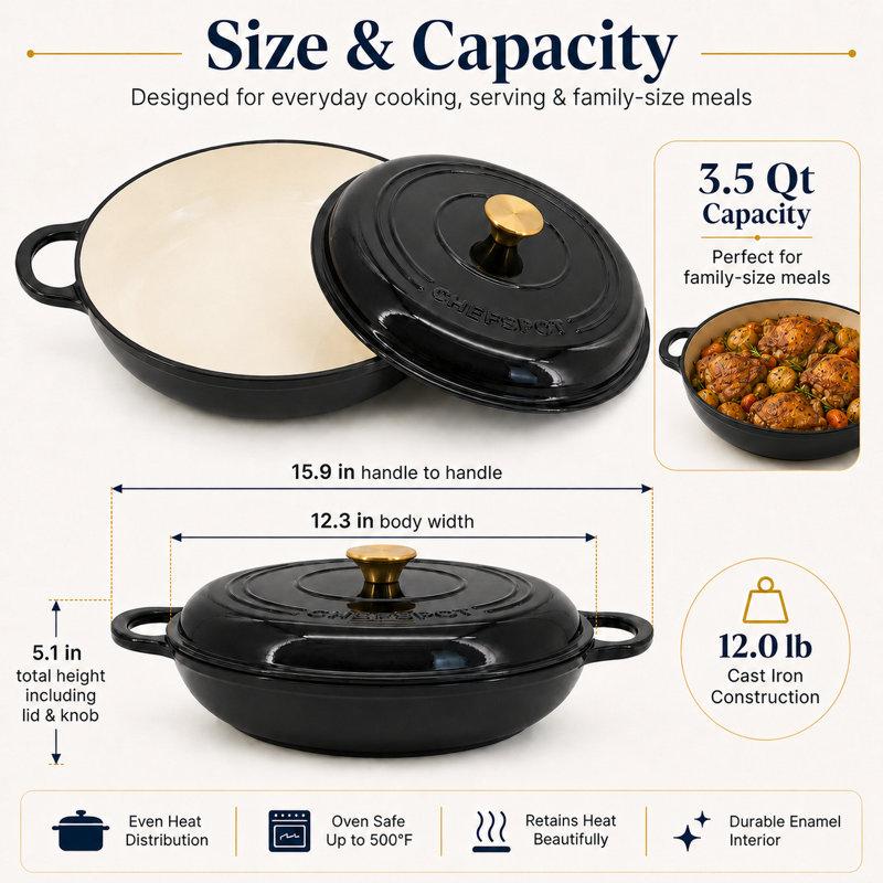 3.5 Quart Enameled Cast Iron Round Braiser Pan with Self-Basting Lid and Loop Handles (Black), Black