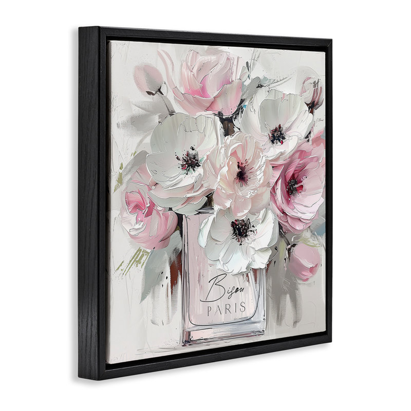 «Blush Pink Bisou Bouquet Floater», art mural par Annabelle Hall, H 18 po x l 18 po, Cadre flottant noir de jais