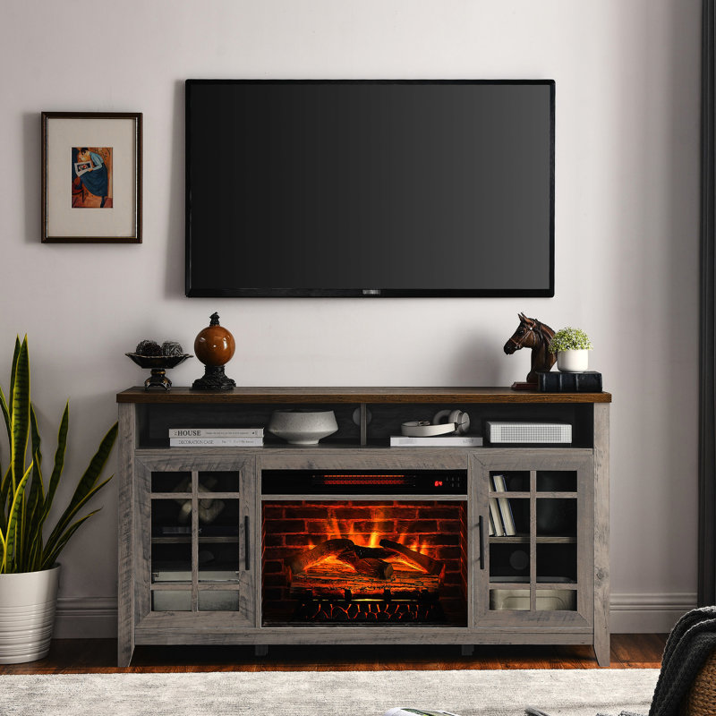 Meuble télé 55 po avec foyer électrique. Finition gris délavé. 5000 / H de chaleur. Flamme réaliste. Double. Télécommande infrarouge. Installation facile