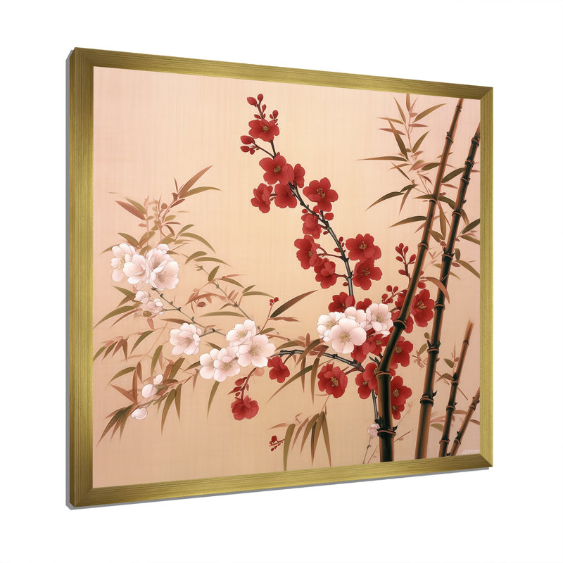 Bambou et fleurs de prunier II - Bambou, art mural, salon_106657, H 30 po x l 30 po x P 1 po, Encadrement doré