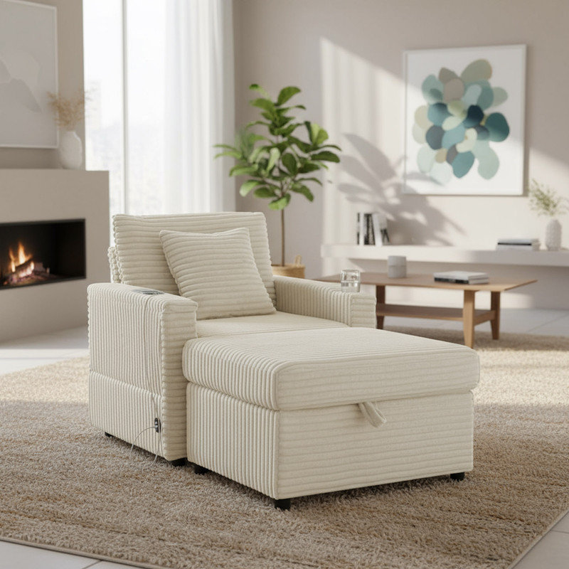 Méridienne de lecture avec ports de chargement USB, porte-gobelets, repose-pieds de rangement et tableau, Blanc