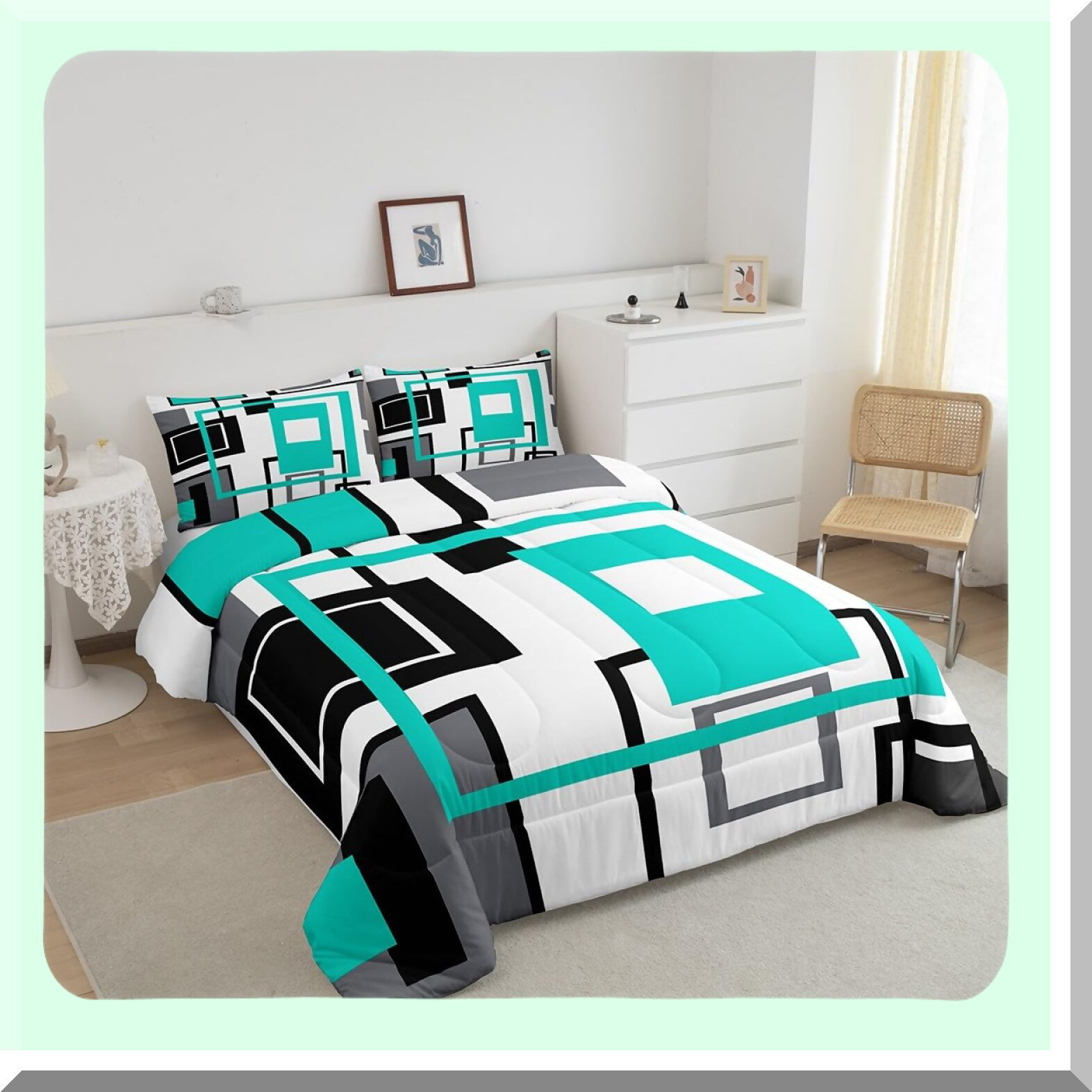 Square Stripe Geometric Comforter Set - Queen Size Bedding in Black, White, Teal, and Grey - Modern Bedroom Decor with Abstract Design - Includes 2, image size:1572x1572