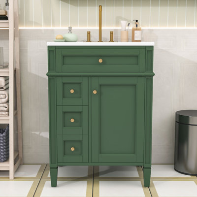24" Compact Bathroom Vanity with Ceramic Sink, 3 Drawers, Door Organizer and Adjustable Shelf