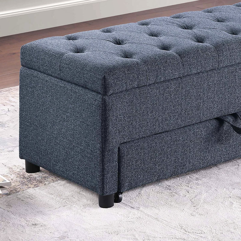 Repose-pieds bleu, gris et gris avec fonction de rangement, tiroir sous le siège et siège capitonné, Bleu gris