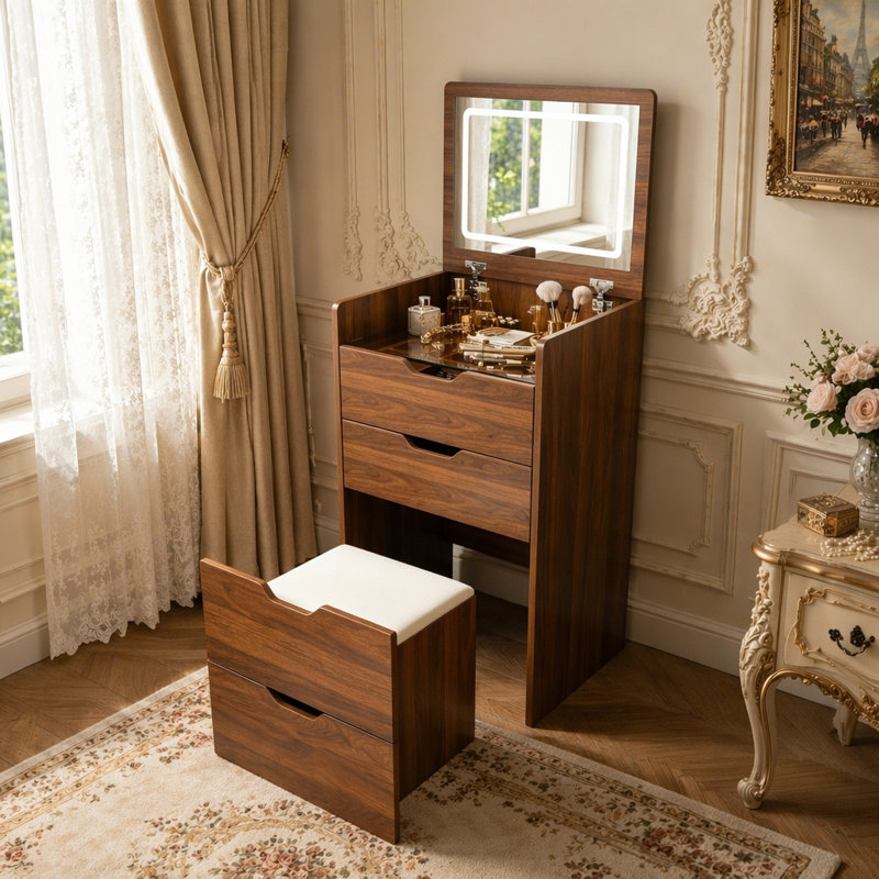 Bureau de coiffeuse 3 en 1 avec miroir éclairé et tabouret de rangement, coiffeuse compacte pour la chambre à coucher, la salle de bain ou le vestiaire