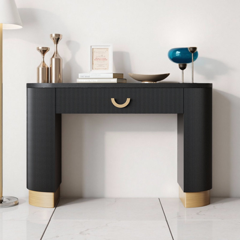 Console 48 po moderne à nervures - noir avec tiroir fonctionnel