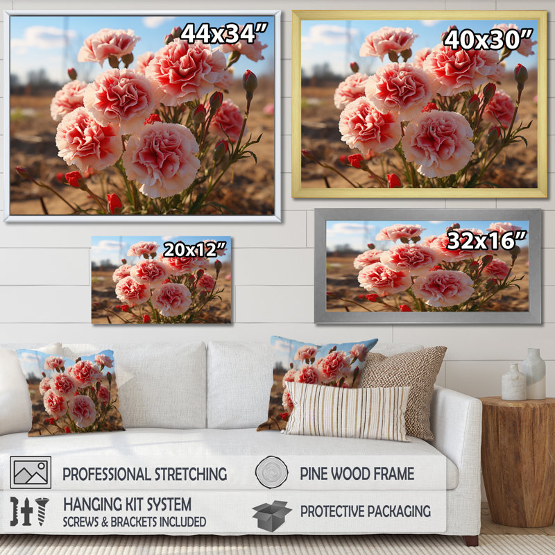 " Carnations Field Vibrant I ", White Floater Framed, 16" H x 32" W x 1" D