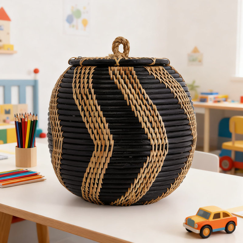 Handwoven Rattan Storage Basket With Lid, Natural And Black Two-Tone Design For Home Organization And Decorative Display