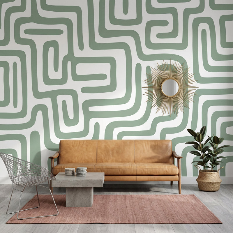 Papier peint blanc avec motif abstrait moderne Mid Century, Texturé non collé, 140 po x 108 po